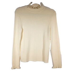 Goelia Wool Blend Sweater Mock Neck Long Sleeve Ruffle Sparkle Size 8 Ivory EUC